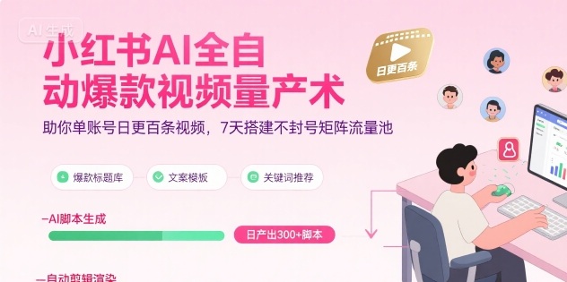 小红书AI全自动爆款视频量产术，助你单账号日更百条视频，7天搭建不封号矩阵流量池-第一资源库